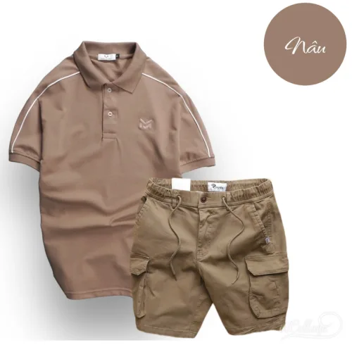 Set Bộ Nam Quần Short Kaki Túi Hộp Phối Áo Thun Cá Sấu Cổ Bẻ Viền Tay