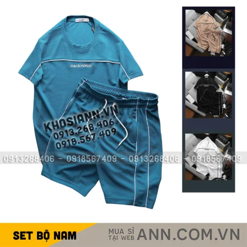 Set Bộ Nam - Quần Short Nam Phối Sọc 2 Bên Và Áo Thun Nam Cổ Tròn Phối Sọc Thêu Chữ Packhorse Trước Ngực (Size Từ M Đến XXL)
