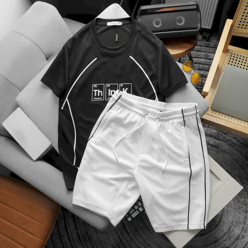 Set Bộ Nam Quần Short Phối Áo Thun Cổ Tròn Pack Hourse In Chữ Think Viền Sọc
