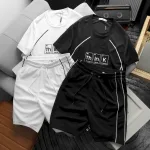 Set Bộ Nam Quần Short Phối Áo Thun Cổ Tròn Pack Hourse In Chữ Think Viền Sọc