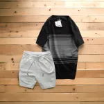 Set Bộ Nam Quần Short Thun Áo Cổ Tròn In Sọc Nhuyễn
