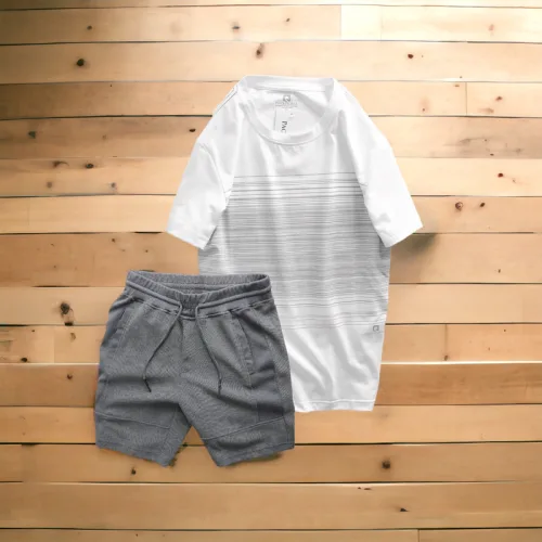 Set Bộ Nam Quần Short Thun Áo Cổ Tròn In Sọc Nhuyễn