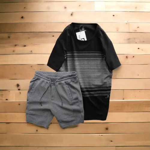 Set Bộ Nam Quần Short Thun Áo Cổ Tròn In Sọc Nhuyễn
