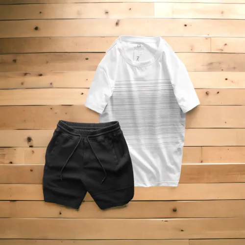 Set Bộ Nam Quần Short Thun Áo Cổ Tròn In Sọc Nhuyễn