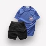 Set Bộ Nam Quần Short Thun Áo Thun Cổ Tròn Phối Túi In Hình