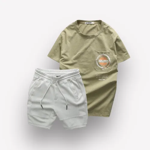 Set Bộ Nam Quần Short Thun Áo Thun Cổ Tròn Phối Túi In Hình