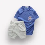 Set Bộ Nam Quần Short Thun Áo Thun Cổ Tròn Phối Túi In Hình