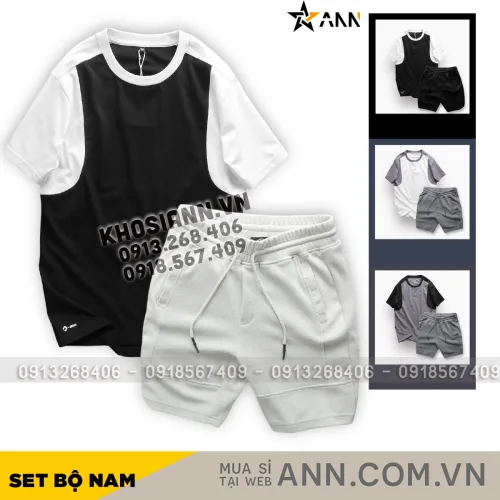 Set Bộ Nam Quần Short Thun Sọc Ngang Chữ Phối Áo Cổ Tròn Tay Màu