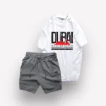 Set Bộ Nam Quần Short Thun Viên Sọc Ngang Phối Áo Cổ Tròn Rurumen Màu Trắng In Hình