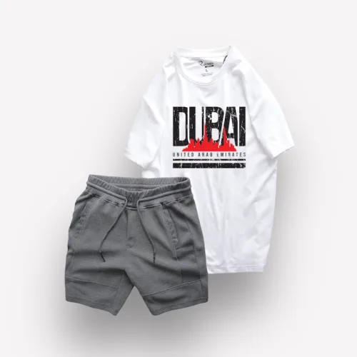 Set Bộ Nam Quần Short Thun Viên Sọc Ngang Phối Áo Cổ Tròn Rurumen Màu Trắng In Hình