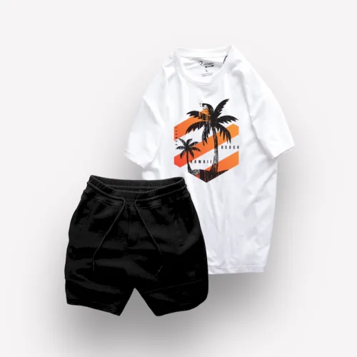 Set Bộ Nam Quần Short Thun Viên Sọc Ngang Phối Áo Cổ Tròn Rurumen Màu Trắng In Hình
