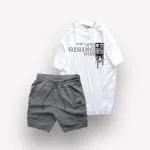 Set Bộ Nam Quần Short Thun Viên Sọc Ngang Phối Áo Cổ Tròn Rurumen Màu Trắng In Hình