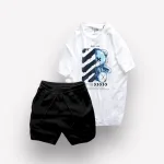 Set Bộ Nam Quần Short Thun Viên Sọc Ngang Phối Áo Cổ Tròn Rurumen Màu Trắng In Hình