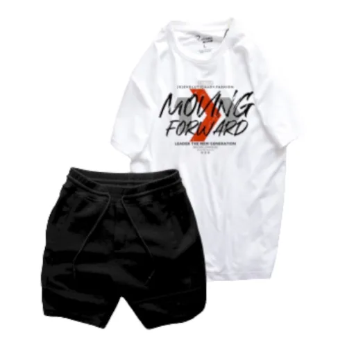 Set Bộ Nam Quần Short Thun Viên Sọc Ngang Phối Áo Cổ Tròn Rurumen Màu Trắng In Hình