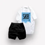 Set Bộ Nam Quần Short Thun Viên Sọc Ngang Phối Áo Cổ Tròn Rurumen Màu Trắng In Hình