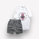 Set Bộ Nam Quần Short Thun Viên Sọc Ngang Phối Áo Cổ Tròn Rurumen Màu Trắng In Hình