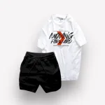 Set Bộ Nam Quần Short Thun Viên Sọc Ngang Phối Áo Cổ Tròn Rurumen Màu Trắng In Hình