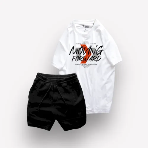 Set Bộ Nam Quần Short Thun Viên Sọc Ngang Phối Áo Cổ Tròn Rurumen Màu Trắng In Hình