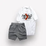 Set Bộ Nam Quần Short Thun Viên Sọc Ngang Phối Áo Cổ Tròn Rurumen Màu Trắng In Hình