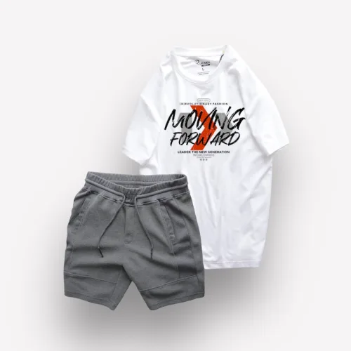 Set Bộ Nam Quần Short Thun Viên Sọc Ngang Phối Áo Cổ Tròn Rurumen Màu Trắng In Hình
