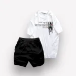 Set Bộ Nam Quần Short Thun Viên Sọc Ngang Phối Áo Cổ Tròn Rurumen Màu Trắng In Hình