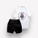 Set Bộ Nam Quần Short Thun Viên Sọc Ngang Phối Áo Cổ Tròn Rurumen Màu Trắng In Hình