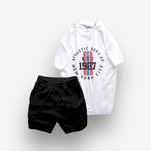 Set Bộ Nam Quần Short Thun Viên Sọc Ngang Phối Áo Cổ Tròn Rurumen Màu Trắng In Hình