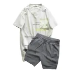 Set Bộ Nam Quần Short Thun Viền Sọc Phối Áo Cổ Tròn In Hình