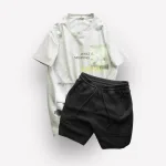 Set Bộ Nam Quần Short Thun Viền Sọc Phối Áo Cổ Tròn In Hình