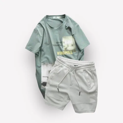 Set Bộ Nam Quần Short Thun Viền Sọc Phối Áo Cổ Tròn In Hình