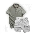Set Bộ Nam Quần Short Thun Viền Sọc Phối Áo Thun Polo Cổ Bẻ Thêu Chữ G