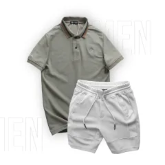 Set Bộ Nam Quần Short Thun Viền Sọc Phối Áo Thun Polo Cổ Bẻ Thêu Chữ G