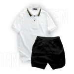 Set Bộ Nam Quần Short Thun Viền Sọc Phối Áo Thun Polo Cổ Bẻ Thêu Chữ G