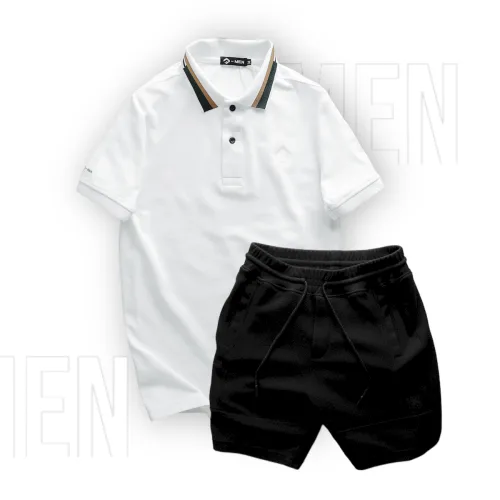 Set Bộ Nam Quần Short Thun Viền Sọc Phối Áo Thun Polo Cổ Bẻ Thêu Chữ G