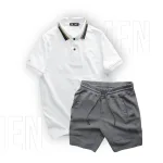 Set Bộ Nam Quần Short Thun Viền Sọc Phối Áo Thun Polo Cổ Bẻ Thêu Chữ G