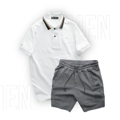 Set Bộ Nam Quần Short Thun Viền Sọc Phối Áo Thun Polo Cổ Bẻ Thêu Chữ G