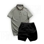 Set Bộ Nam Quần Short Thun Viền Sọc Phối Áo Thun Polo Cổ Bẻ Thêu Chữ G