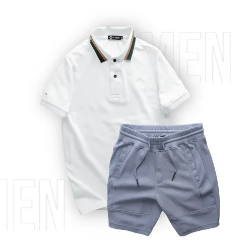 Set Bộ Nam Quần Short Thun Viền Sọc Phối Áo Thun Polo Cổ Bẻ Thêu Chữ G