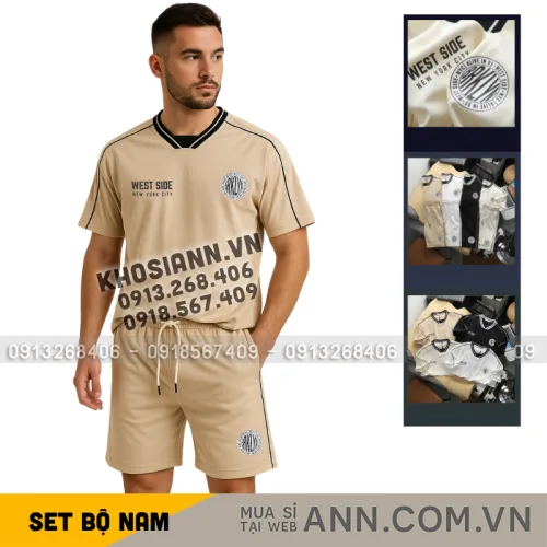 Set Bộ Nam - Set Bộ Áo Thun Nam Cổ Tròn In Logo Trước Ngực & Quần Short Phối Sọc Đen Trẻ Trung Bigsize