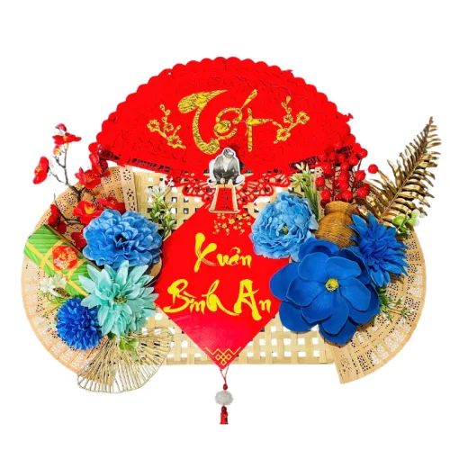 Set Phụ Kiện Mành Tre Giấy Đỏ Có Dây Treo Quạt Ráp Sẵn - Mẹt Tre Treo Tường - Phên Tre Trang Trí Tết