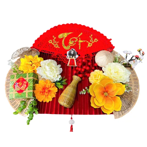 Set Phụ Kiện Mành Tre Giấy Đỏ Có Dây Treo Quạt Ráp Sẵn - Mẹt Tre Treo Tường - Phên Tre Trang Trí Tết