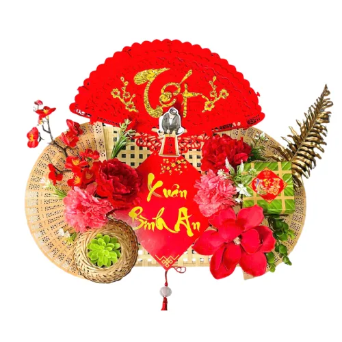 Set Phụ Kiện Mành Tre Giấy Đỏ Có Dây Treo Quạt Ráp Sẵn - Mẹt Tre Treo Tường - Phên Tre Trang Trí Tết