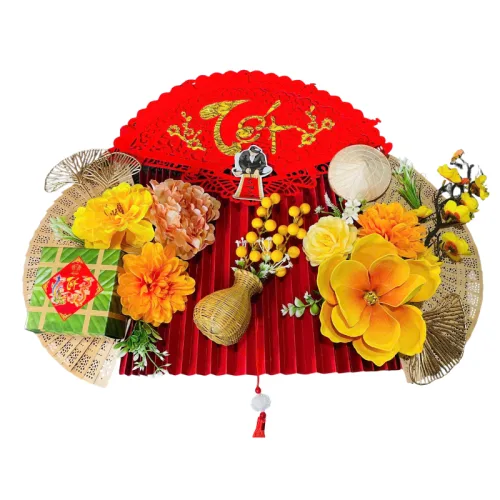 Set Phụ Kiện Mành Tre Giấy Đỏ Có Dây Treo Quạt Ráp Sẵn - Mẹt Tre Treo Tường - Phên Tre Trang Trí Tết