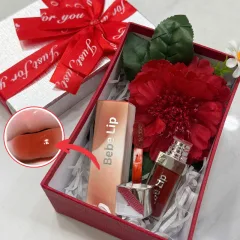 Set Quà Tặng Son Môi Bebe Lip Màu Đỏ Cam - Son Môi Kem Bóng Lì Bebe Lip Chính Hãng - Hộp Chữ Nhật Nhỏ Hoa Rơm Nhiều Màu