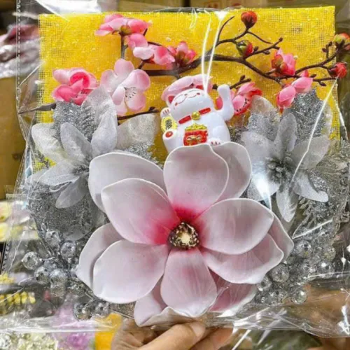 Phân phối set Phụ Kiện Trang Trí Hoa Mộc Lan Đào Cổ Tượng - Mẹt Tre Hoa Treo Tường - Phên Tre Trang Trí Tết
