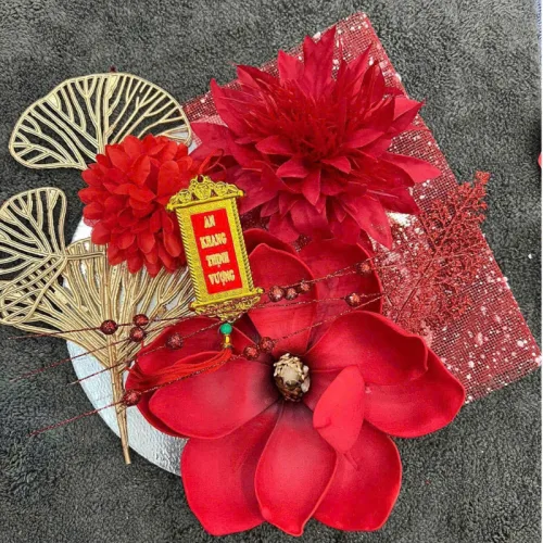 Set Phụ Kiện Trang Trí Hoa Mộc Lan - Mẹt Tre Hoa Treo Tường - Phên Tre Trang Trí Tết