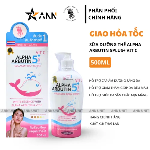 Kem Dưỡng Thể Alpha Arbutin 5Plus+ Vit C Collagen Body Serum Princess Bkk Skin ThaiLand 500ml Có Tem