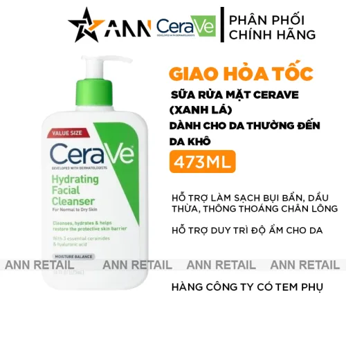 Sữa rửa mặt CeraVe Hydrating Cleanser xanh lá, chai lớn 473 ml