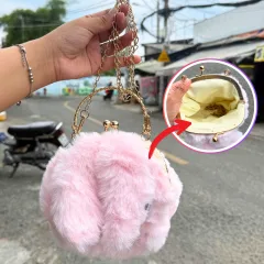 Túi Thỏ Bông Hồng Gài Có Dây Đeo Dễ Thương - Túi Xách Lót Da Bên Trong Bền Đẹp
