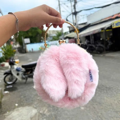Túi Thỏ Bông Hồng Gài Có Dây Đeo Dễ Thương - Túi Xách Lót Da Bên Trong Bền Đẹp